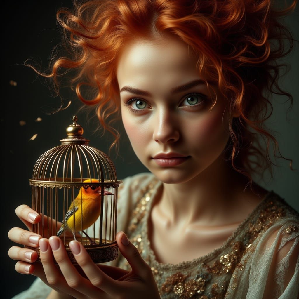 Vintage Portrait of Woman Holding Birdcage