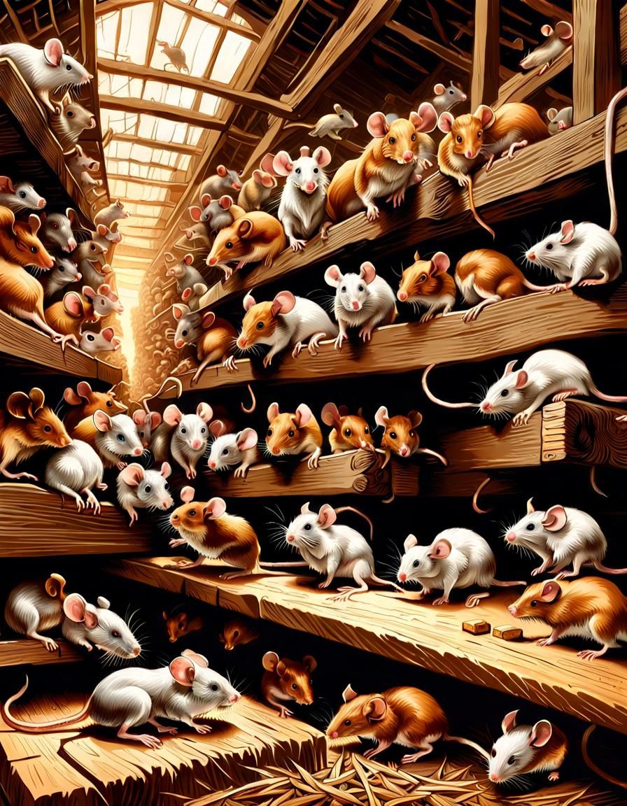 Maximalist Farm Animals in Crowded Barn Interior