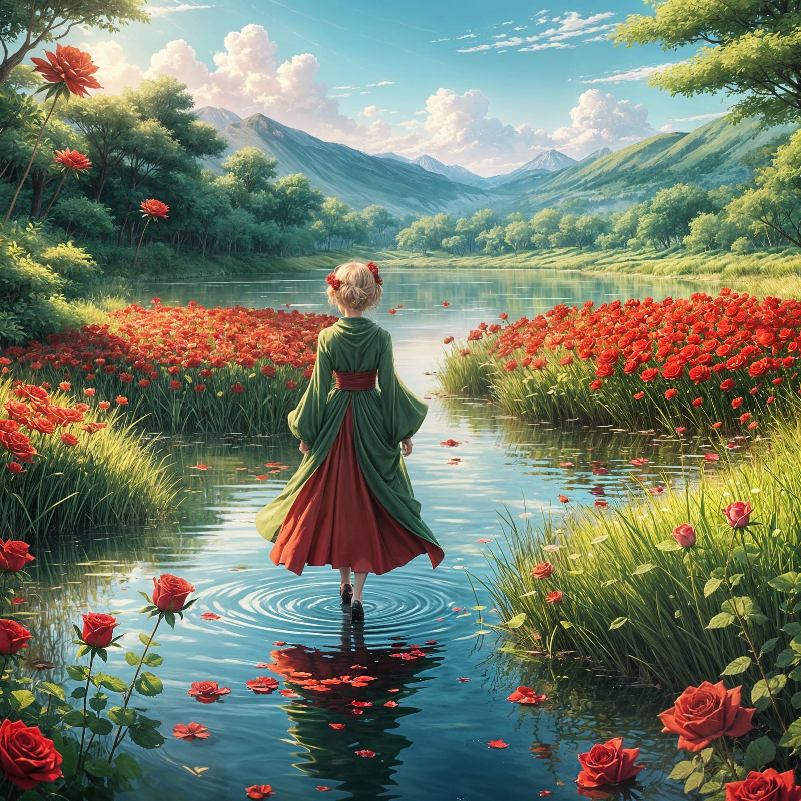 Majestic Queen amidst Vibrant Lake and Roses, Anime-Inspired
