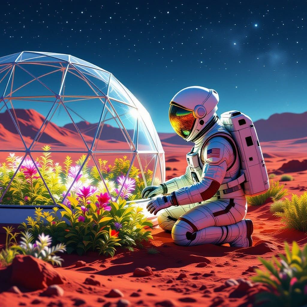 Astronaut Tends Glowing Garden Inside Martian Dome