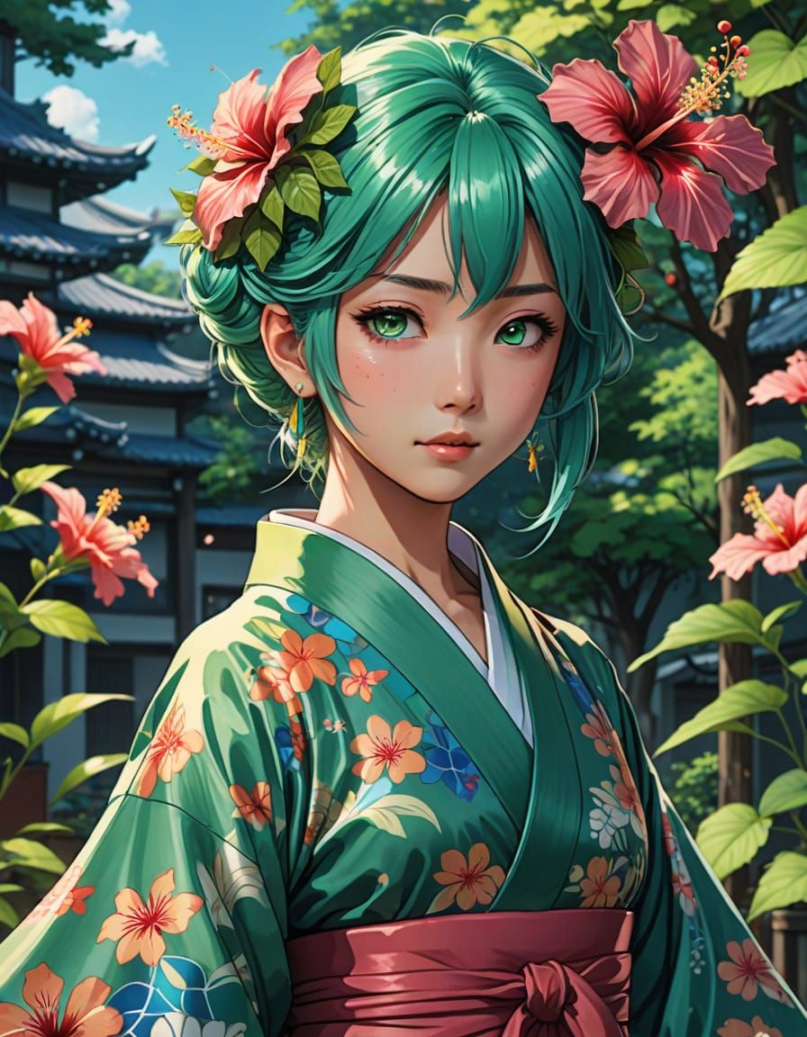 Anime Woman with Dragon Wings and Hibiscus Kimono