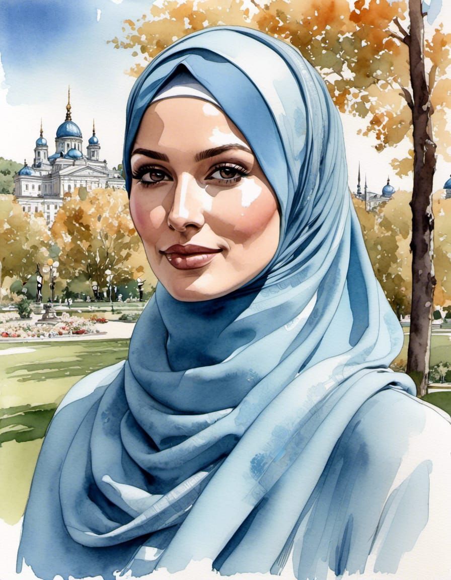 Watercolor Portrait of Woman in Hijab With Facemask