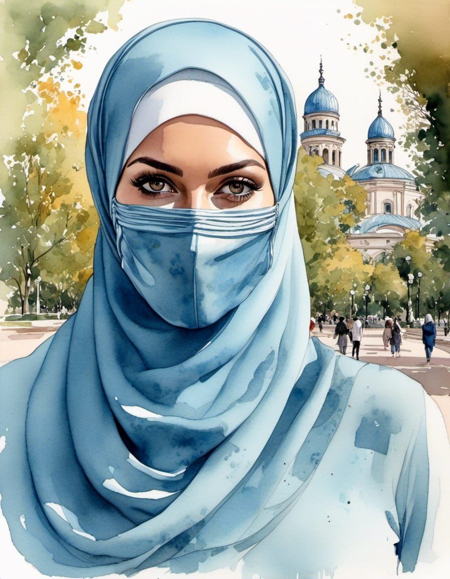 Curvy Woman with Hijab in Watercolor Style