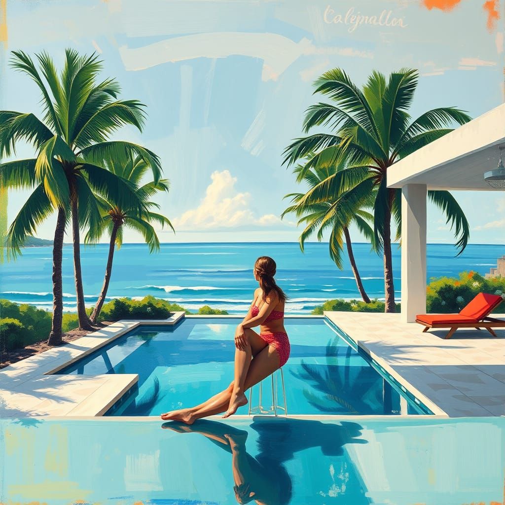Expressionist Beach House with Pool and Palm Trees