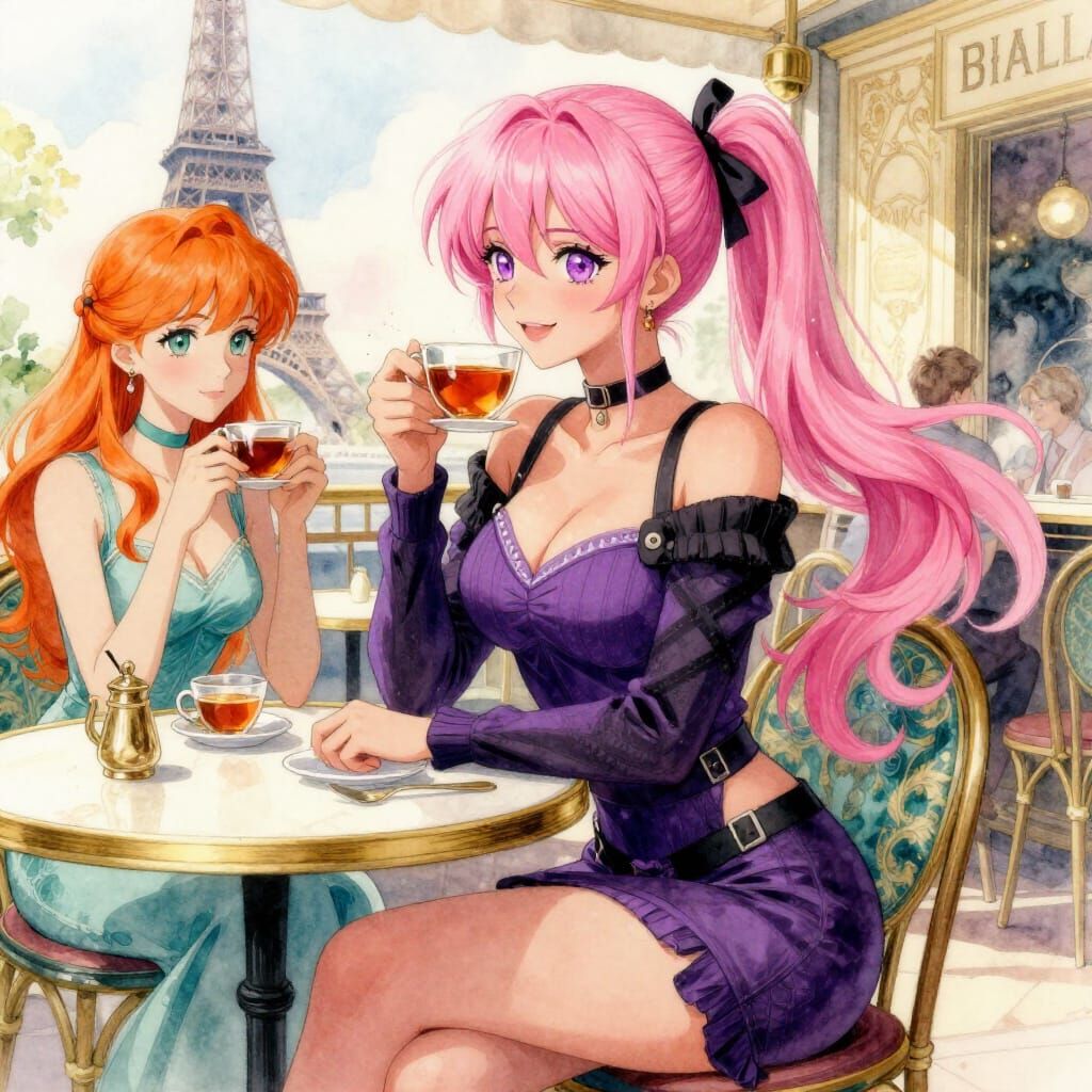 Woman Enjoys Tea in Paris Cafe Watercolor Style