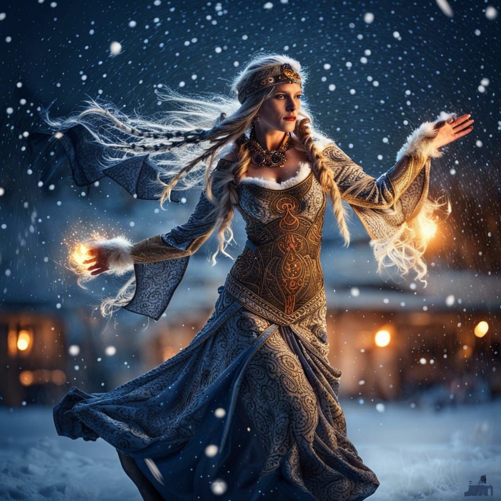 Viking Priestess Dancing in Snowy Magic Night