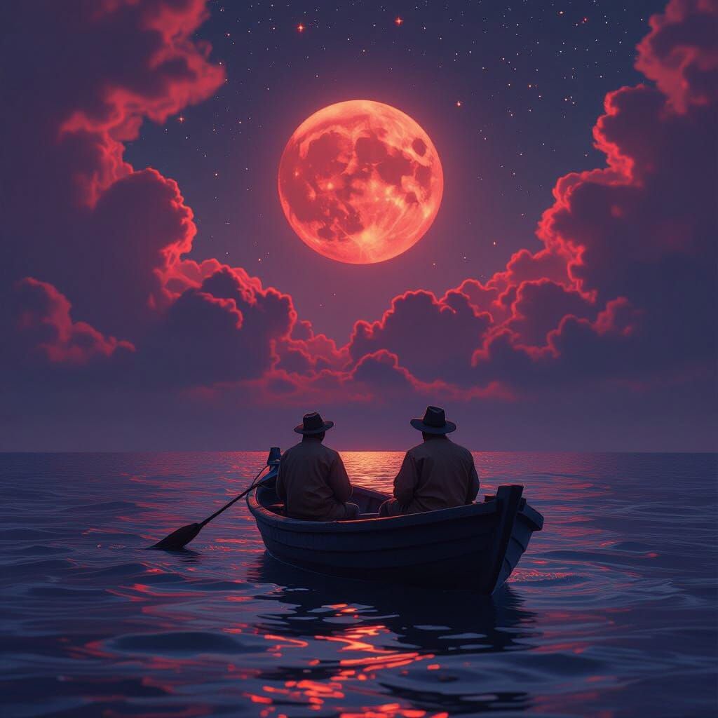 Fishermen Under Red Moon and Milky Way