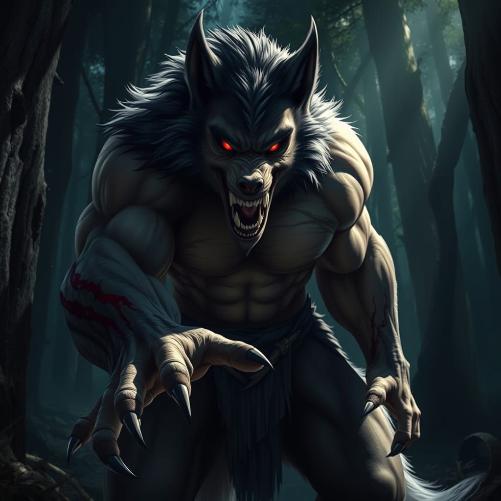 Fierce Beast Emerge from Dark Forest in Cyberpunk Style