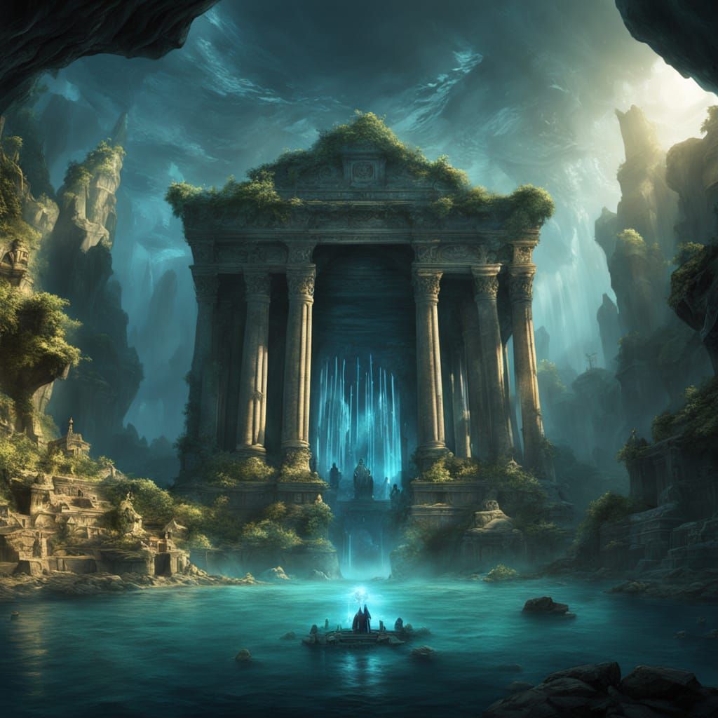 Underwater Temple Held by a Stone God