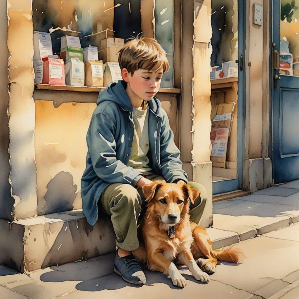 Boy with Dog: Watercolor Painting in Sunlight