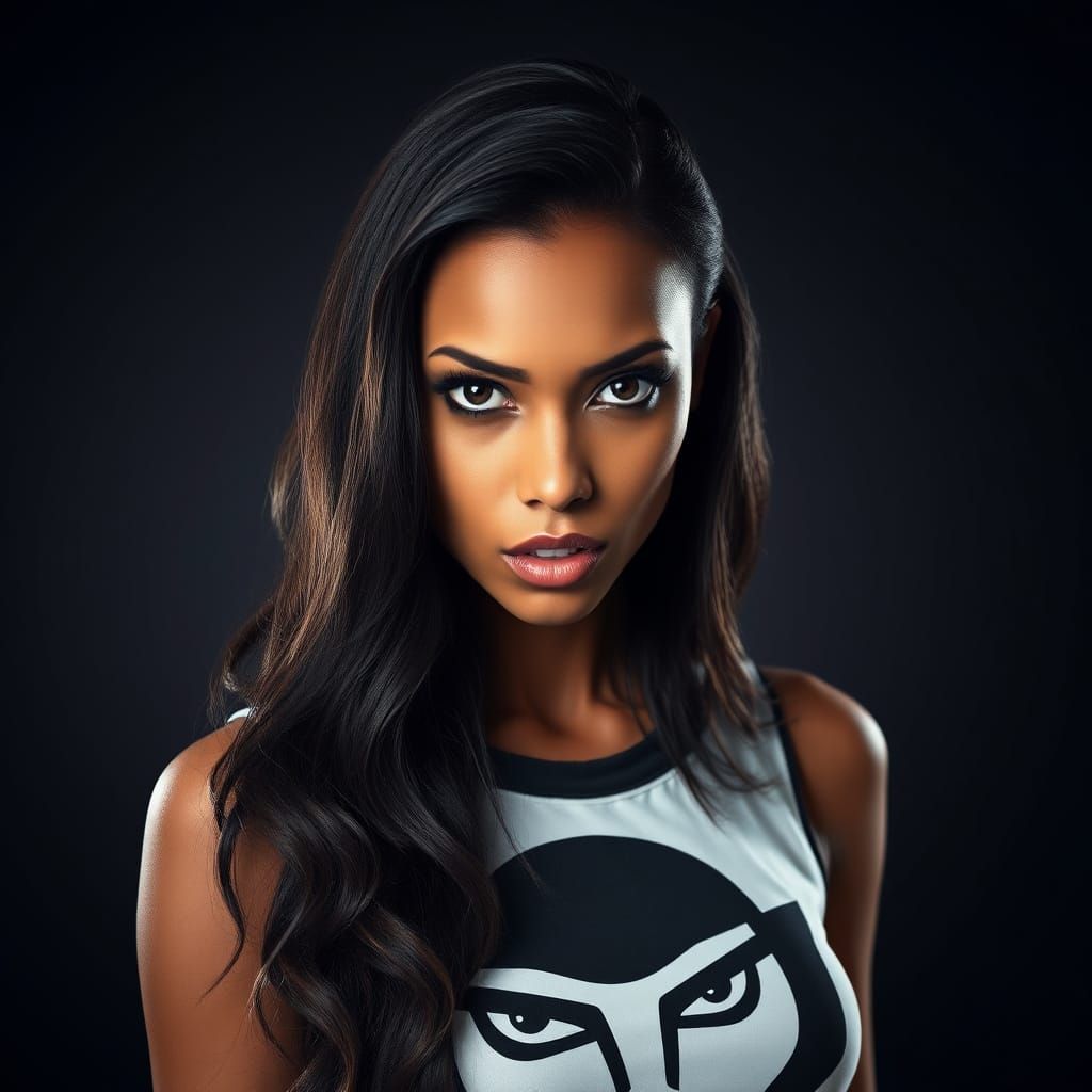 Woman in Dark, Moody Portrait with Graphic Top and Bold Make...