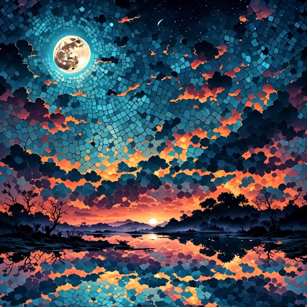 Tiled Moonlit Night Sky with Geometric Texture