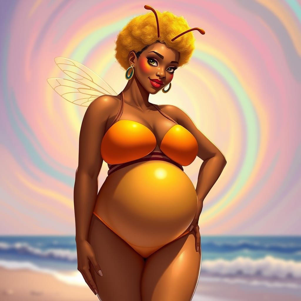 Vibrant Pregnant Bee Hybrid Woman at the Beach in Anime-Insp...