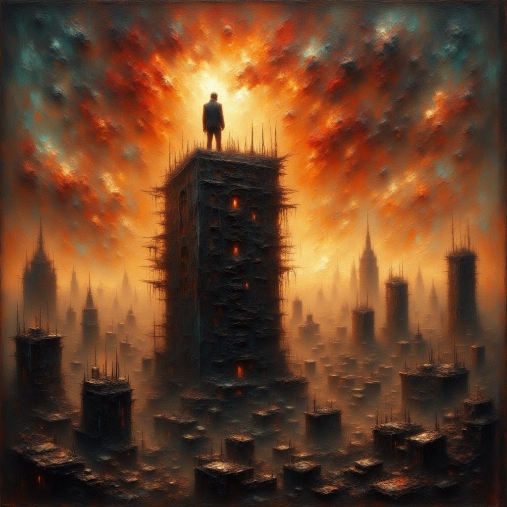 Figure on Skyscraper Amidst Doomsday Cityscape