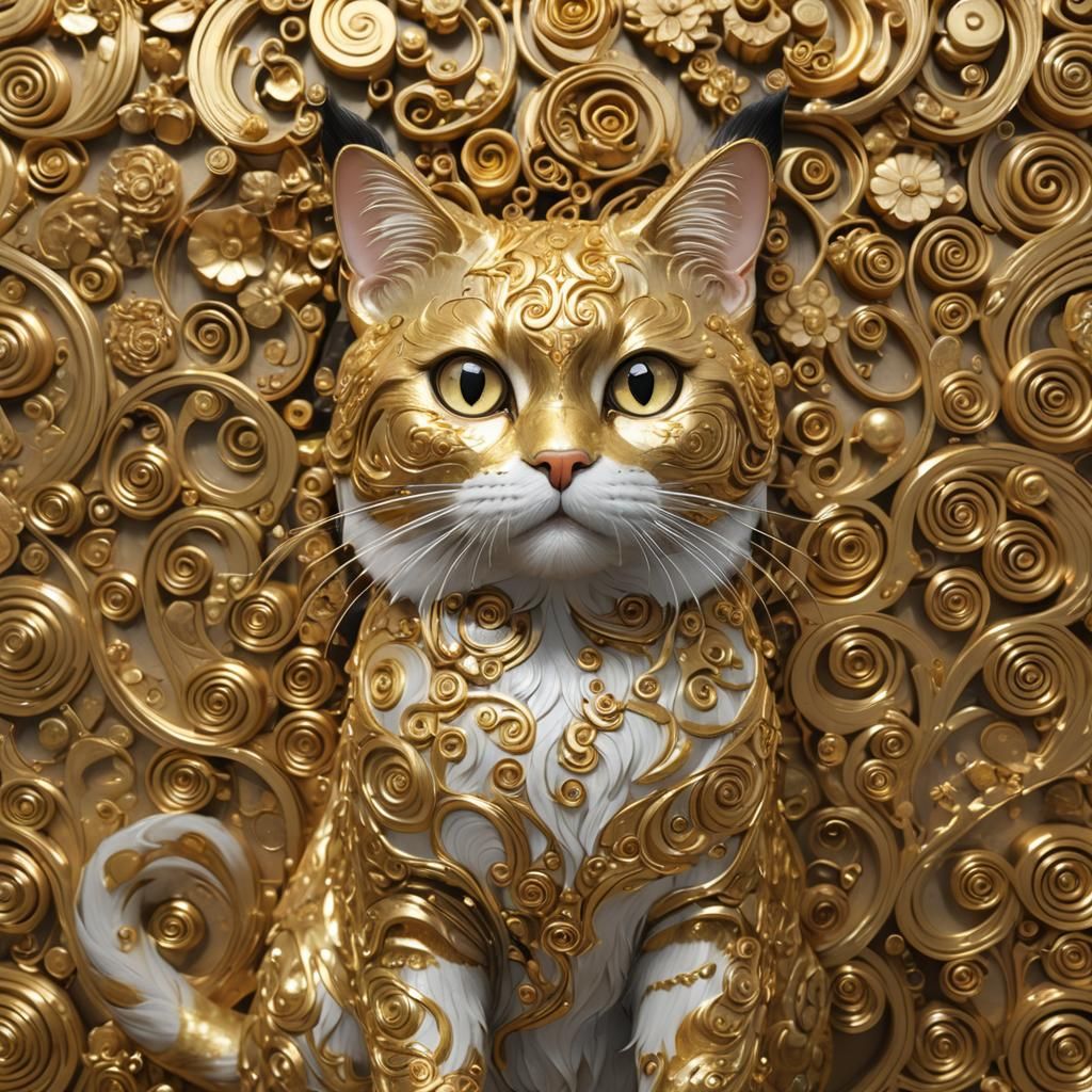 Klimt Cat with Gold Leaf in Anime Style