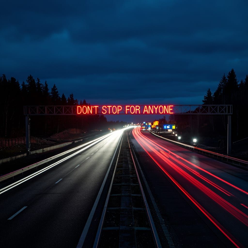 Neon Sign on Highway at Night