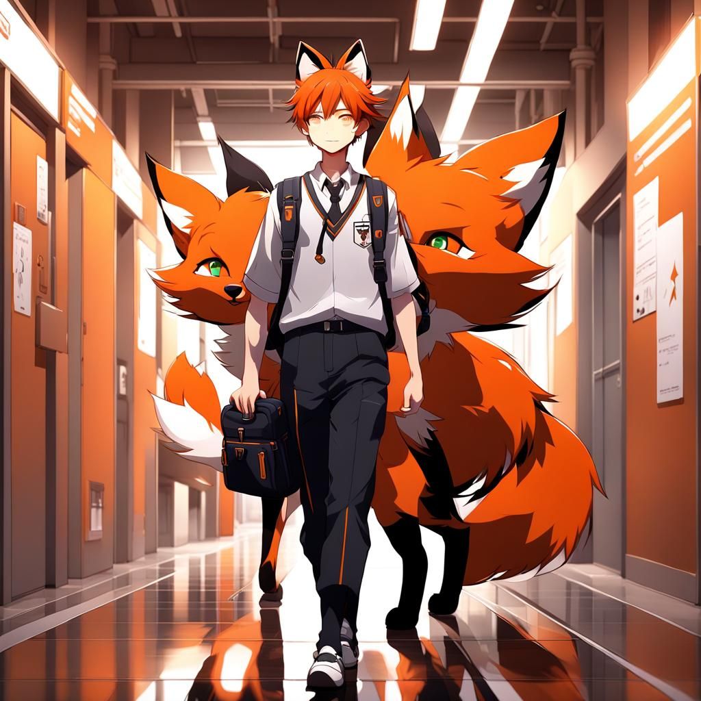 Anime Fox-Boy Walking in School Hallway