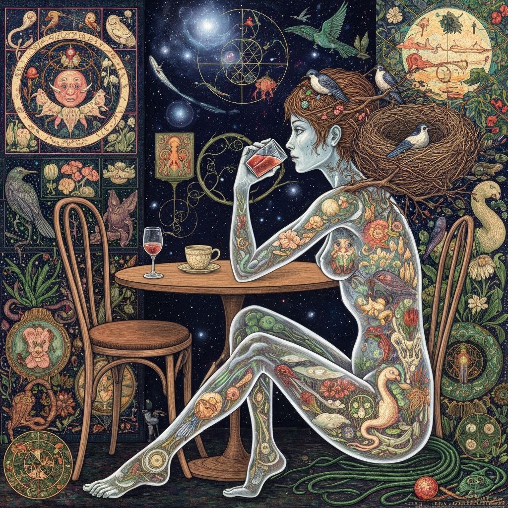 Surreal Galactic Cafe Scene in Maximalist Style