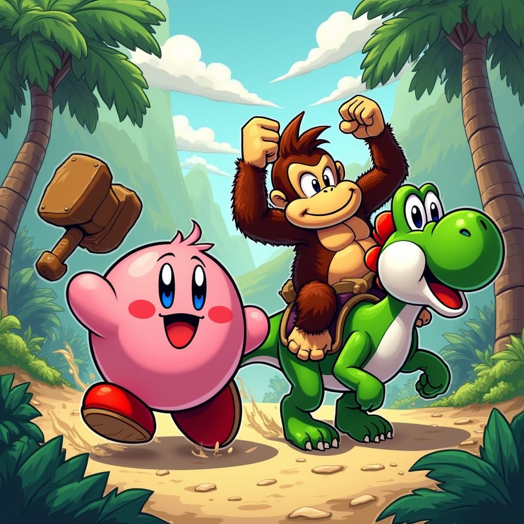 Kirby Battles Donkey Kong on Yoshi in a Vibrant Prehistoric ...