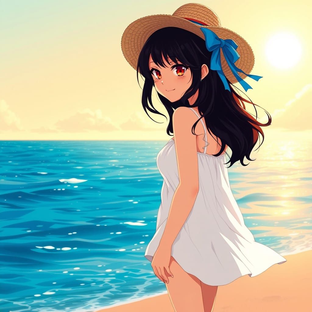 A Serene Beach Scene with a Woman in a Straw Hat and Cel-Sha...