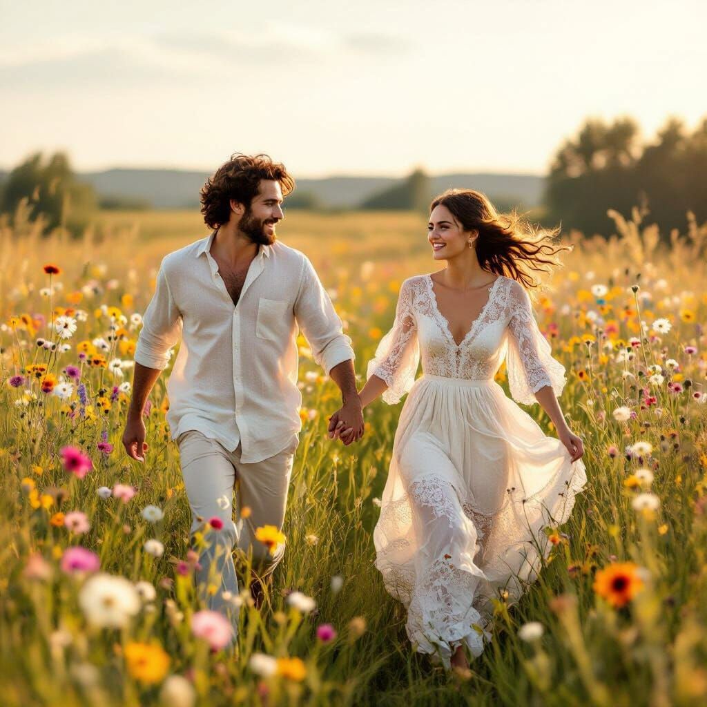 Surreal Summer Meadow with Joyful Figures in Golden Light