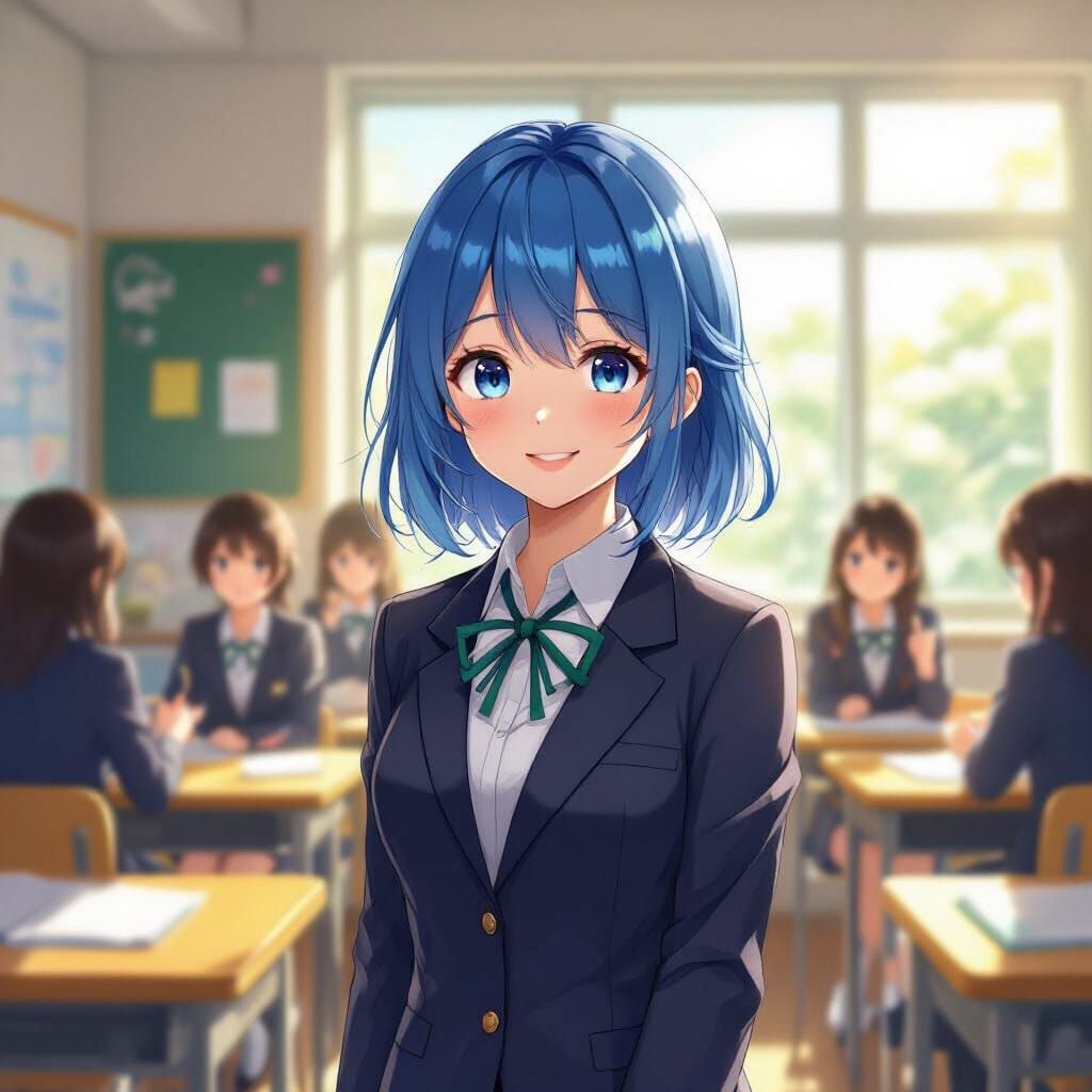 Anime Girl in Sunny Classroom, Digital Art Style
