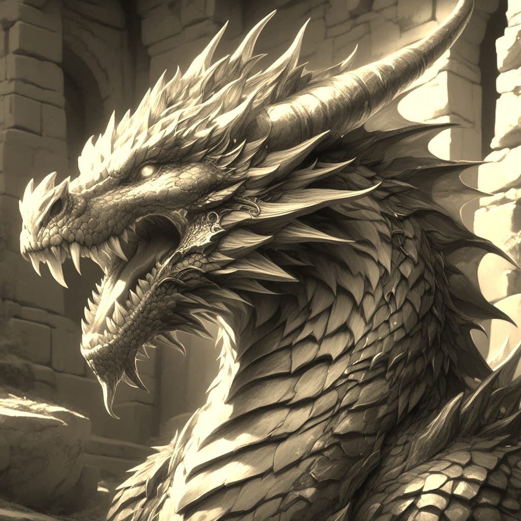 Majestic Fantasy Dragon with Stone Ruins Background