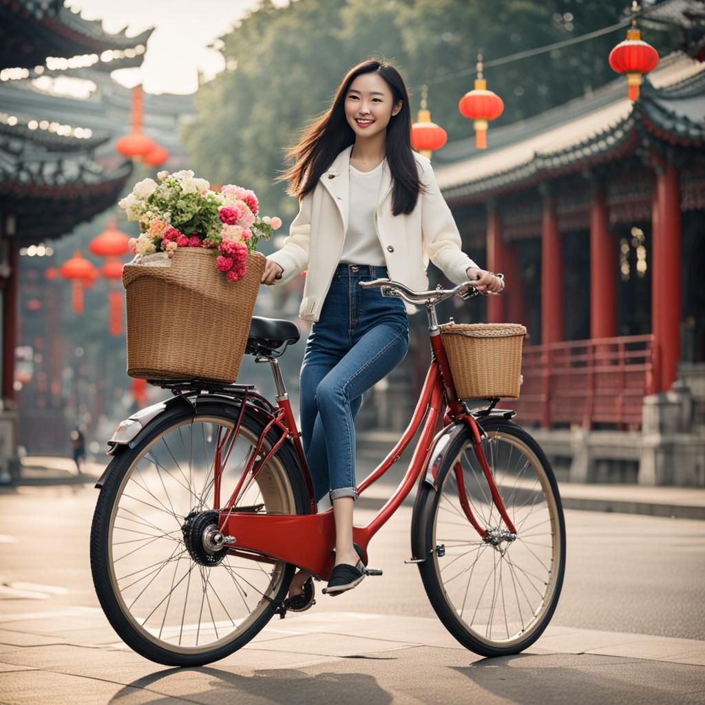 Chinese Beauty Biking Down the Street