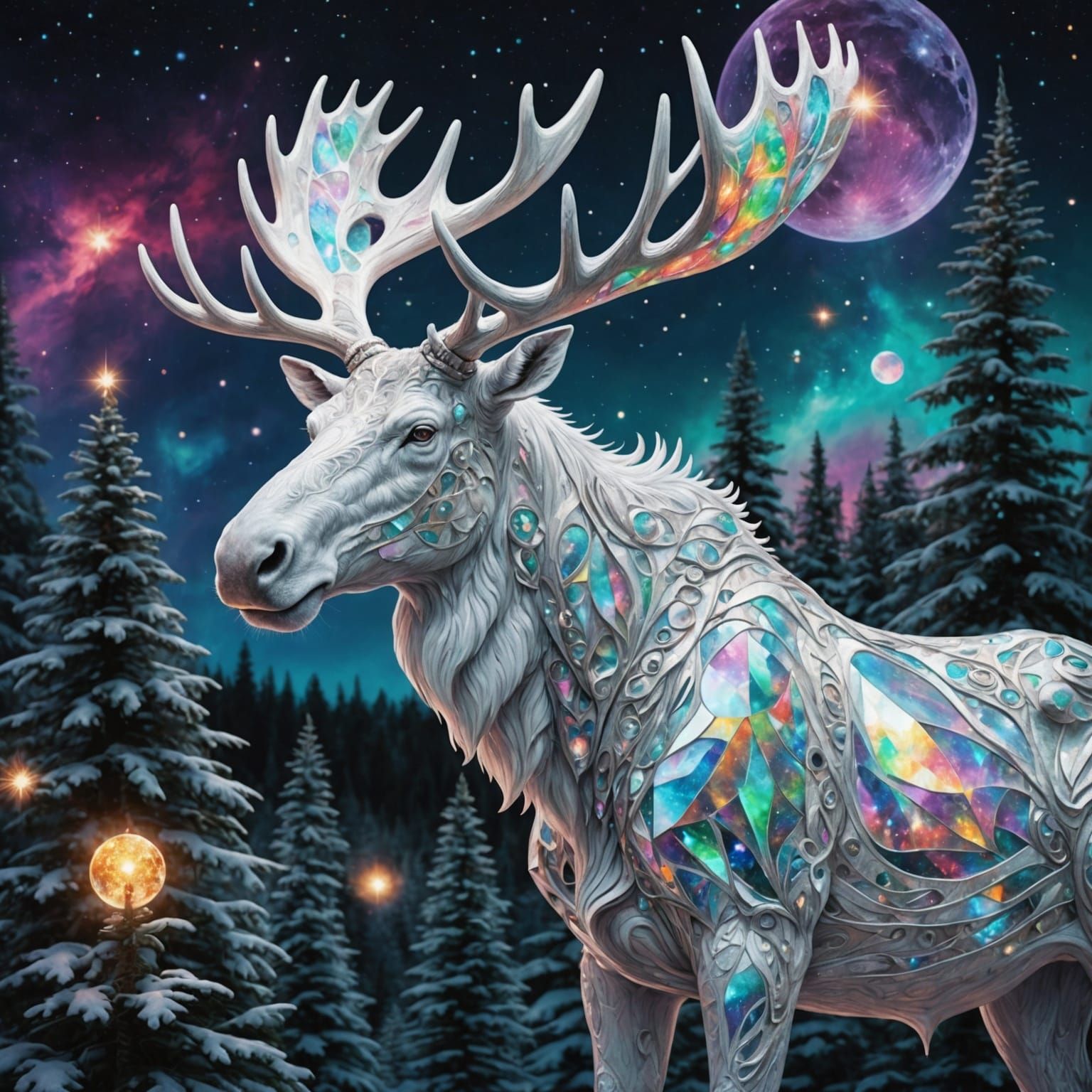 White Moose and Santa's Elf in Astral Illustration