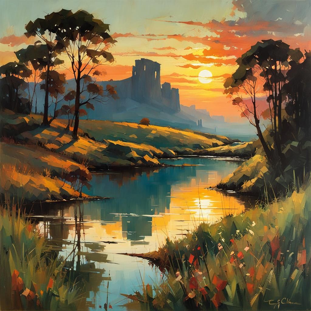 Sunset Landscape Reflecting on Water, Abstract Watercolor