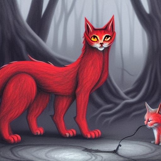 Giant Red Cats Adopt Dog in Rainy Forest
