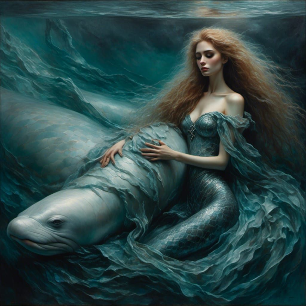 Sorrowful Mermaid Cradles Beluga Whale: Dramatic Oil Paintin...