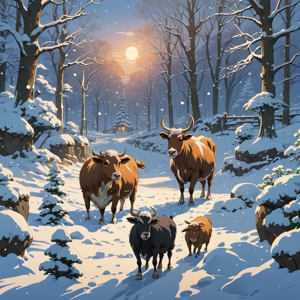 Depict the cow and goat playing in the snow, building snowme...