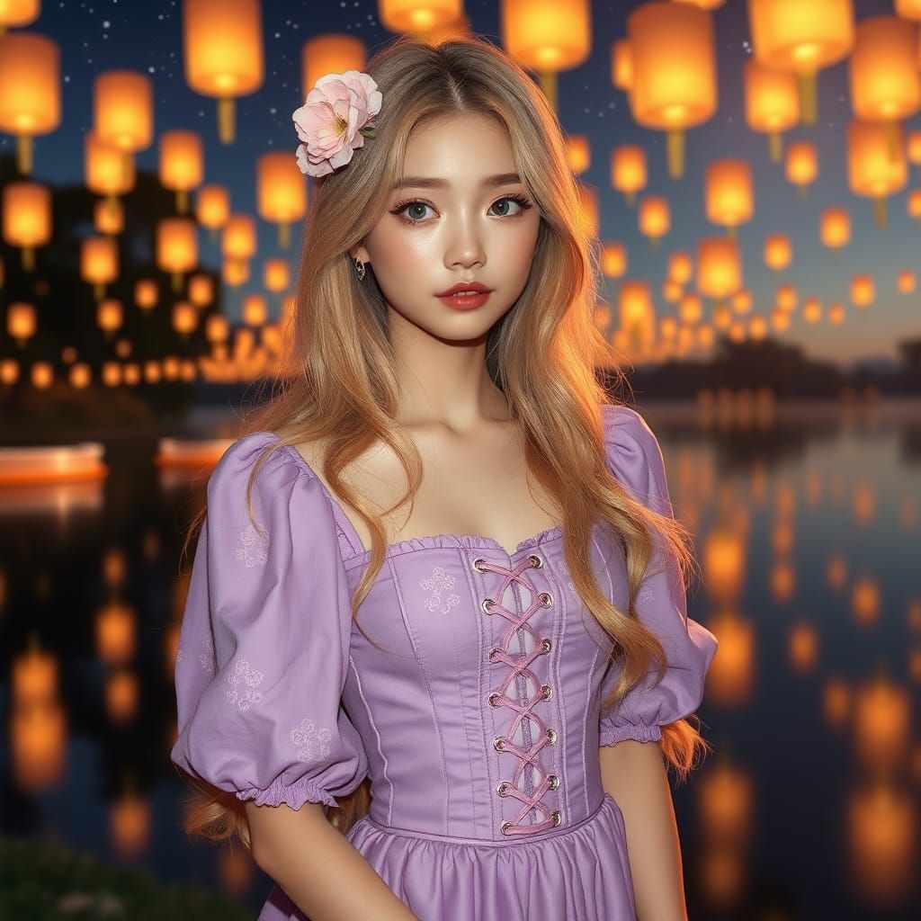 Japanese Woman with Golden Hair and Floating Lanterns
