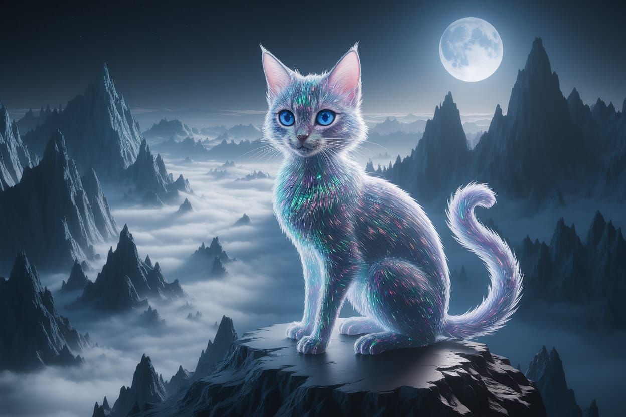 Crystal Cat on Misty Mountain Peak in Anime Style