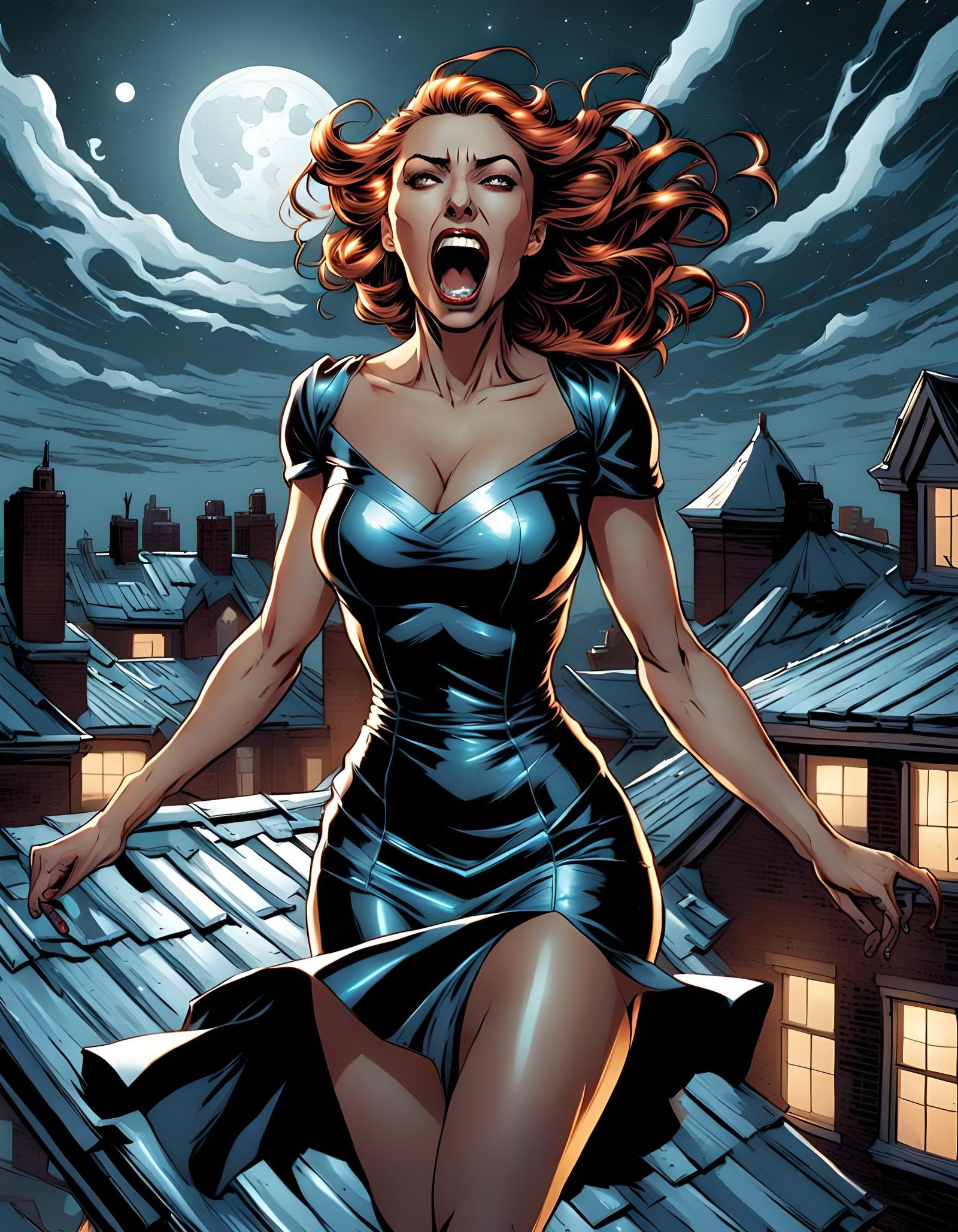 Screaming Woman on Roof in Comic Book Style