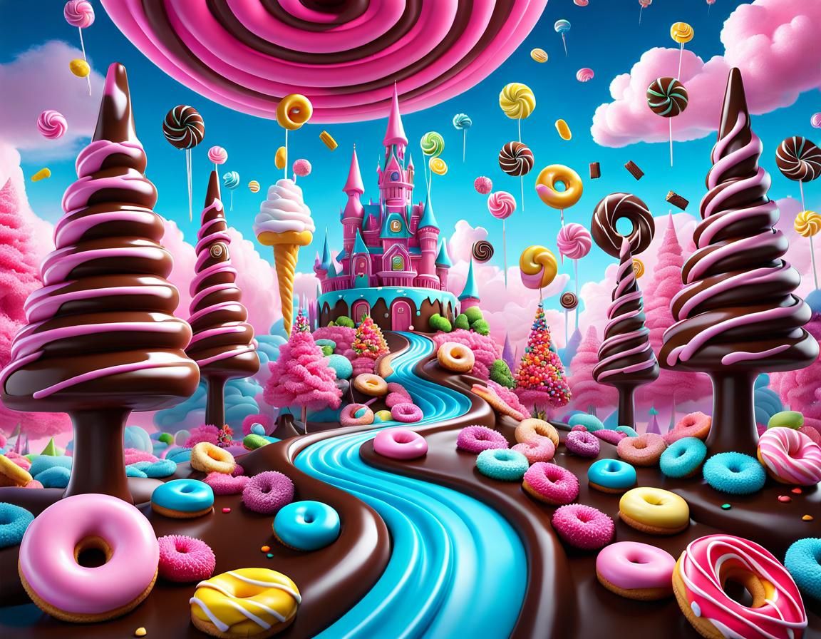 Epic Candy Kingdom with Chocolate River, Digital Art