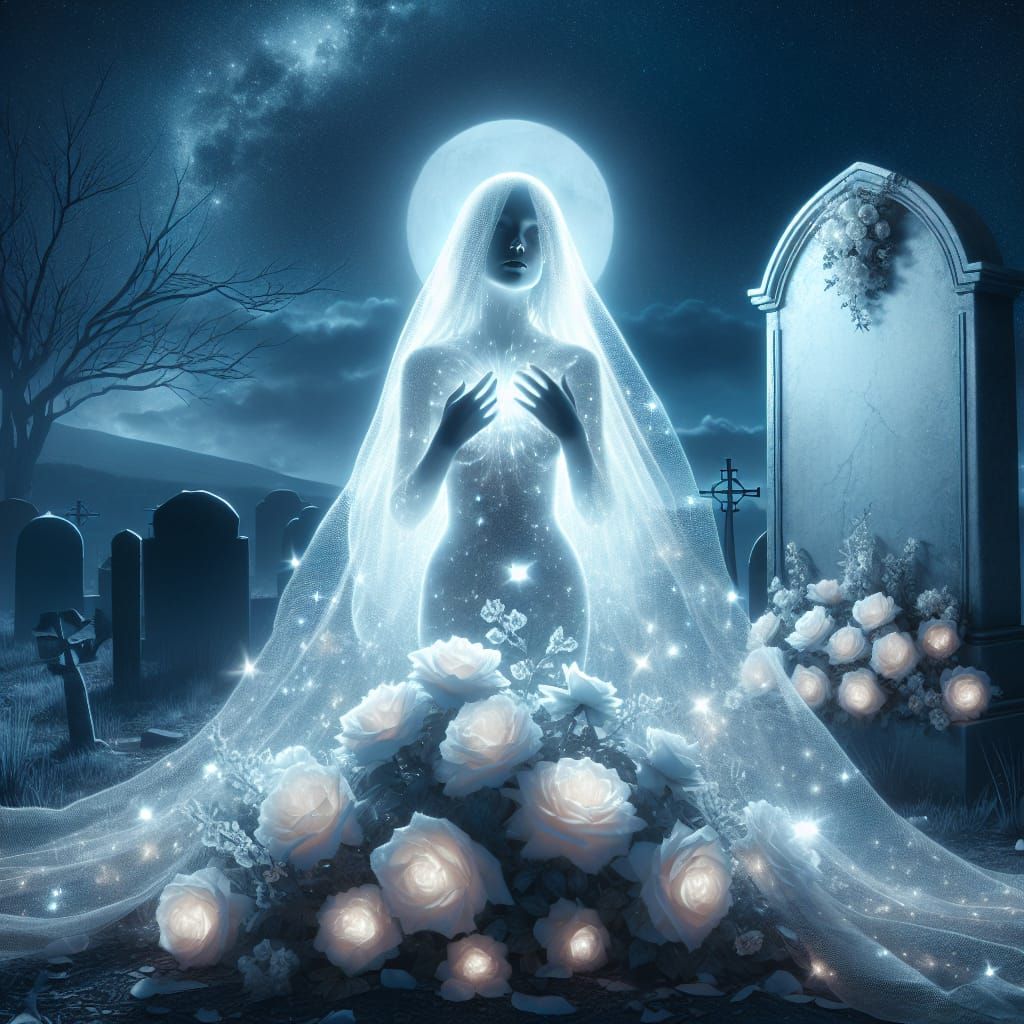 Ethereal Woman in Moonlit Graveyard