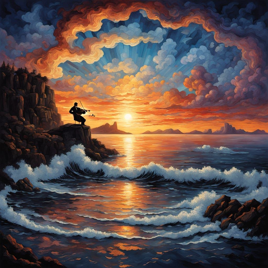 Elegant Violinist Silhouetted Against Sunset Seaside Cliff