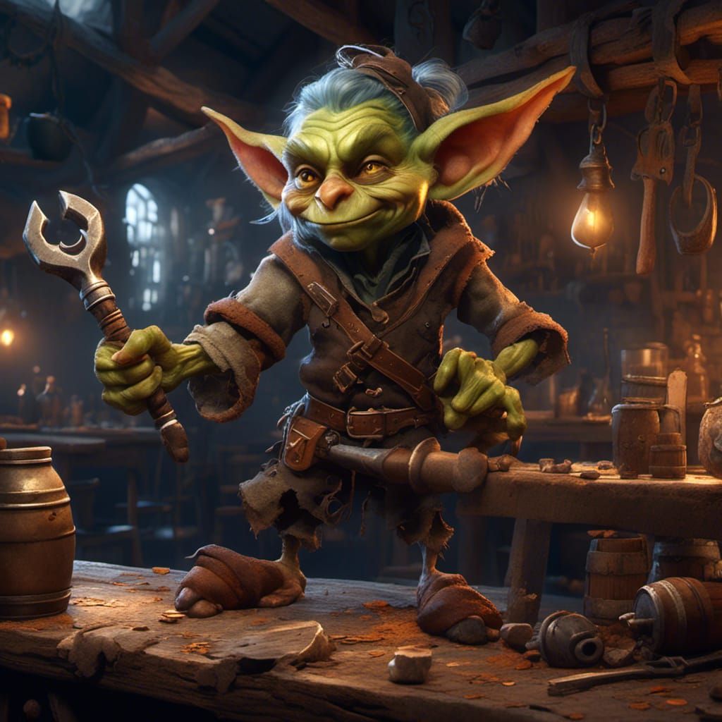 Female Goblin Technician in Tavern, Digital Art