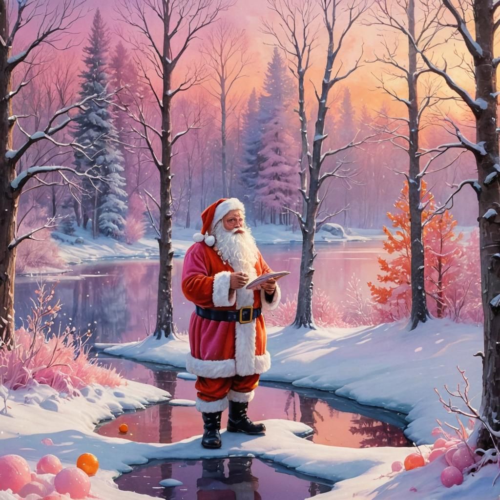 Santa Claus in Pink Sunset, Candy Art Style
