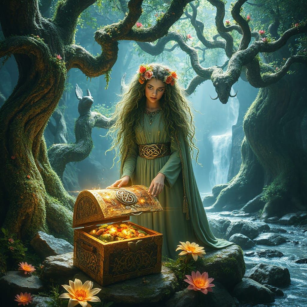 Druid Dryad Guards Earth's Wonders in Surreal Garden