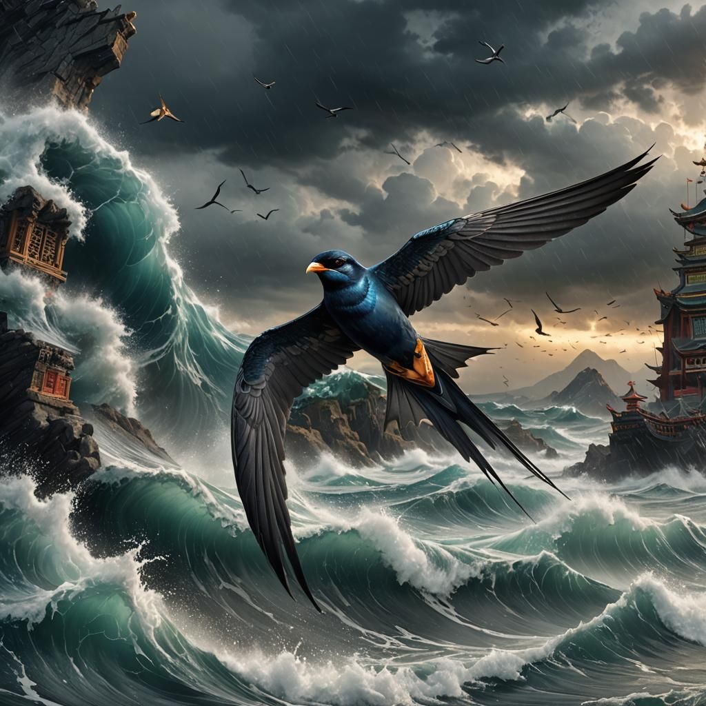Swallow in Storm with Broken Fan: Detailed Matte Painting