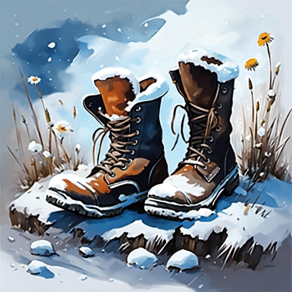 Ink Painting: Winter Boots Blooming in Snow
