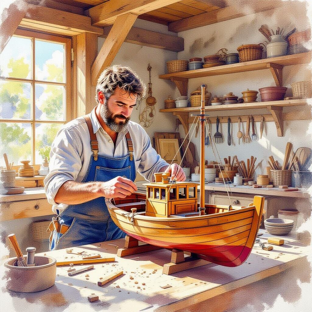 Carpenter Building Model Boat in Watercolor Fantasy Style