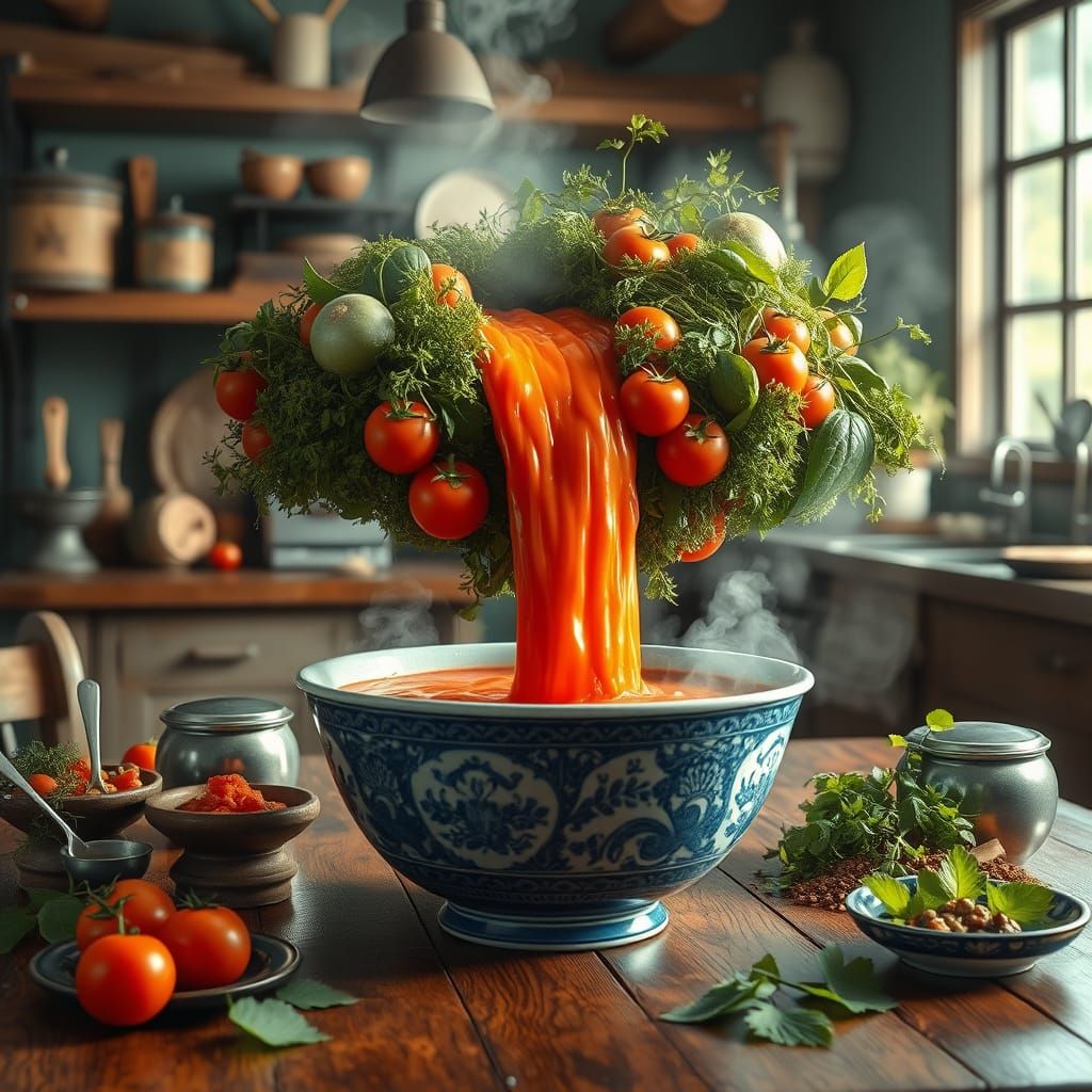 Vibrant Tomato Soup Waterfall in Rustic Kitchen Setting