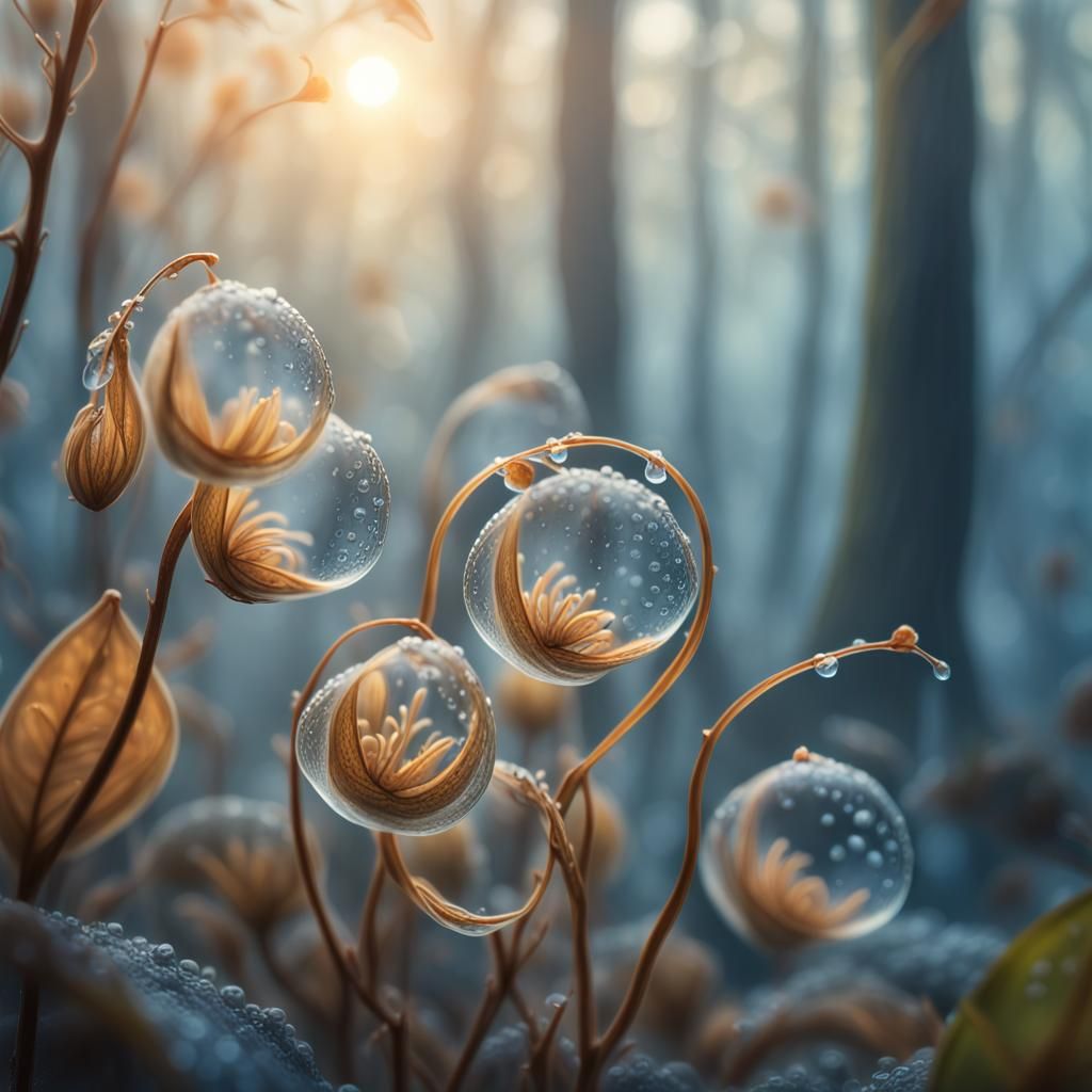 Hyper-Realistic Seeds Blooming in Misty Forest