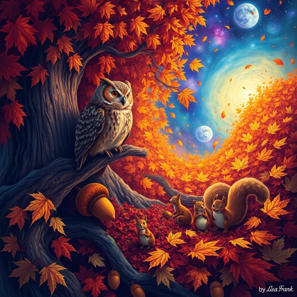 Wise Owl Watches Squirrels Bury Acorns in Psychedelic Autumn...