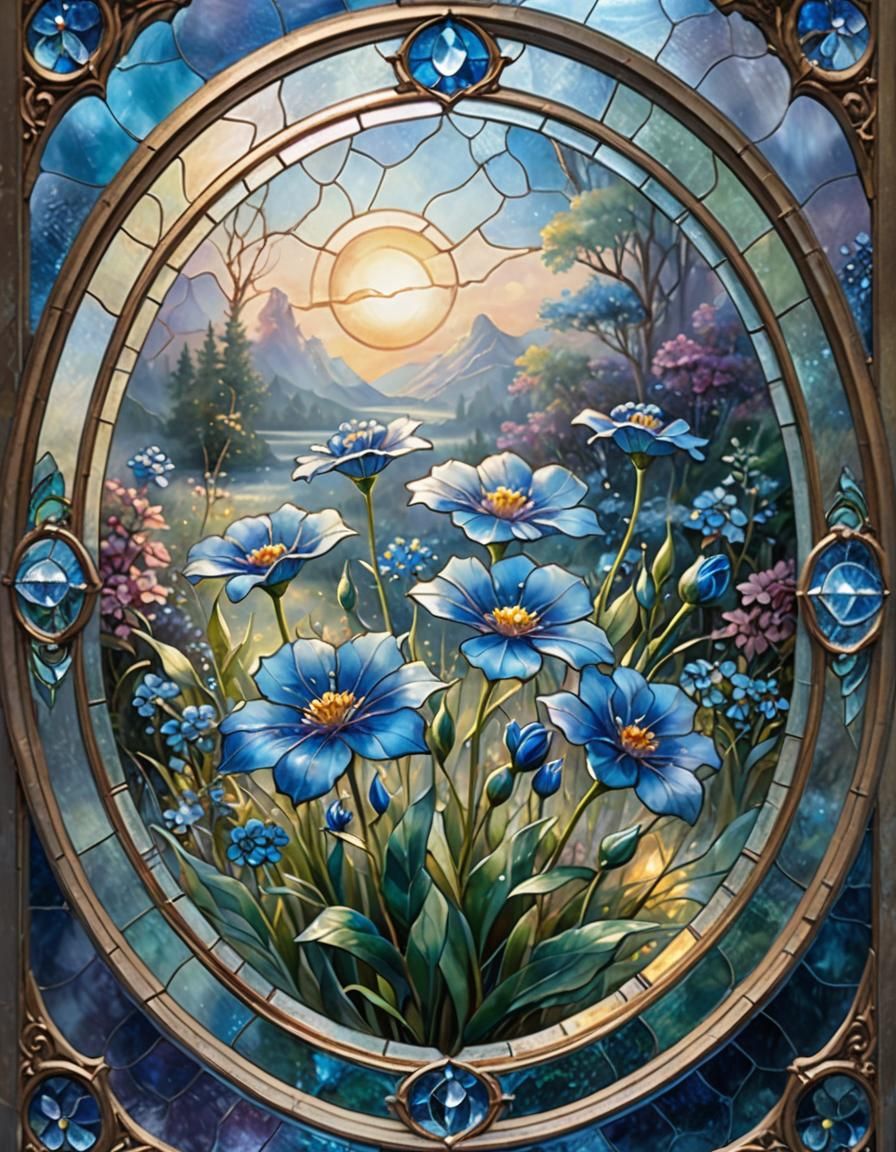 Blue Flower Stained Glass Art in Ethereal Mist