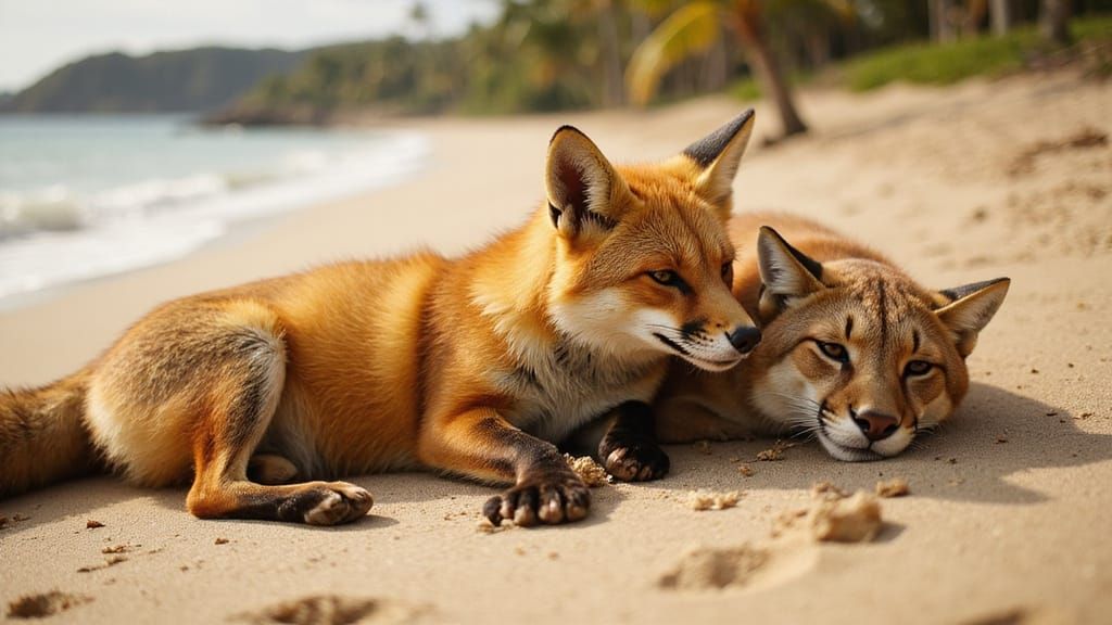 Fox and Cougar Vacationing on Tropical Beach
